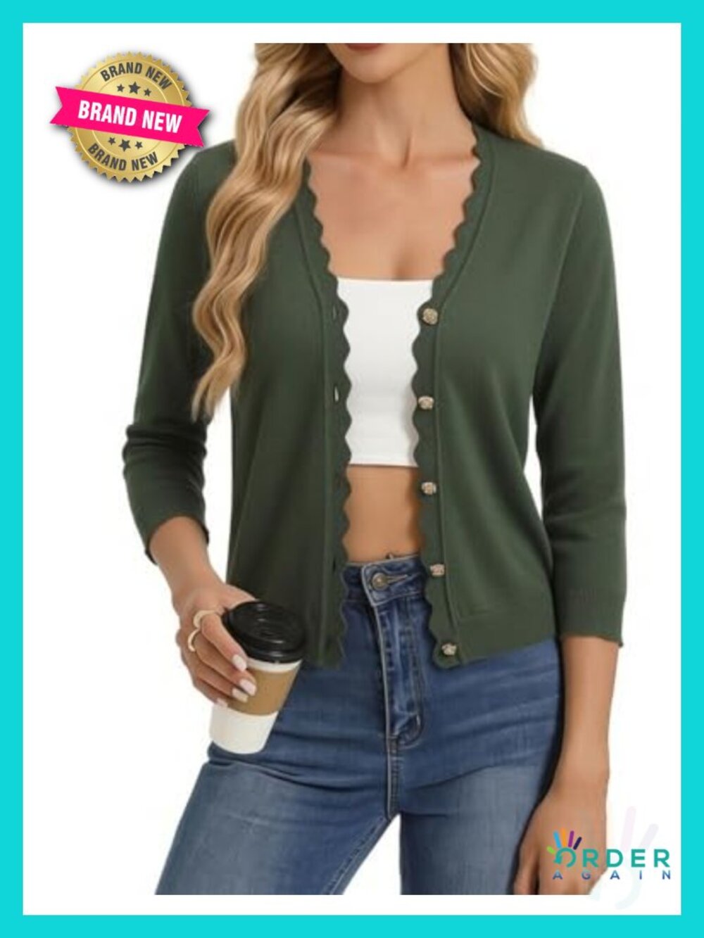 Lightweight 3/4 Sleeve Open Front Cardigan Shrug Cropped Sweater
